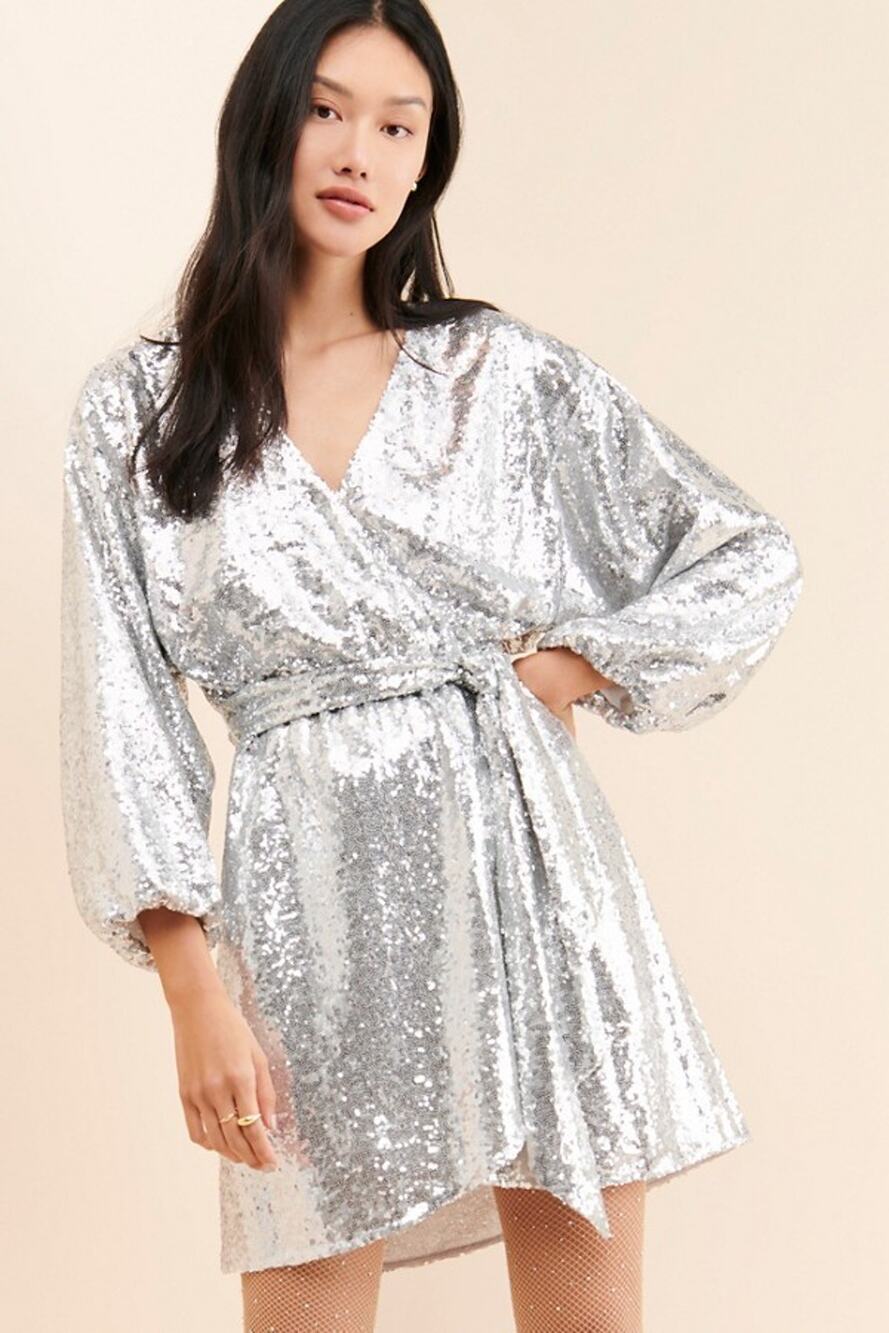 Anthropologie Lisabette Sequined Mini Dress in Silver XSP New w/Tag